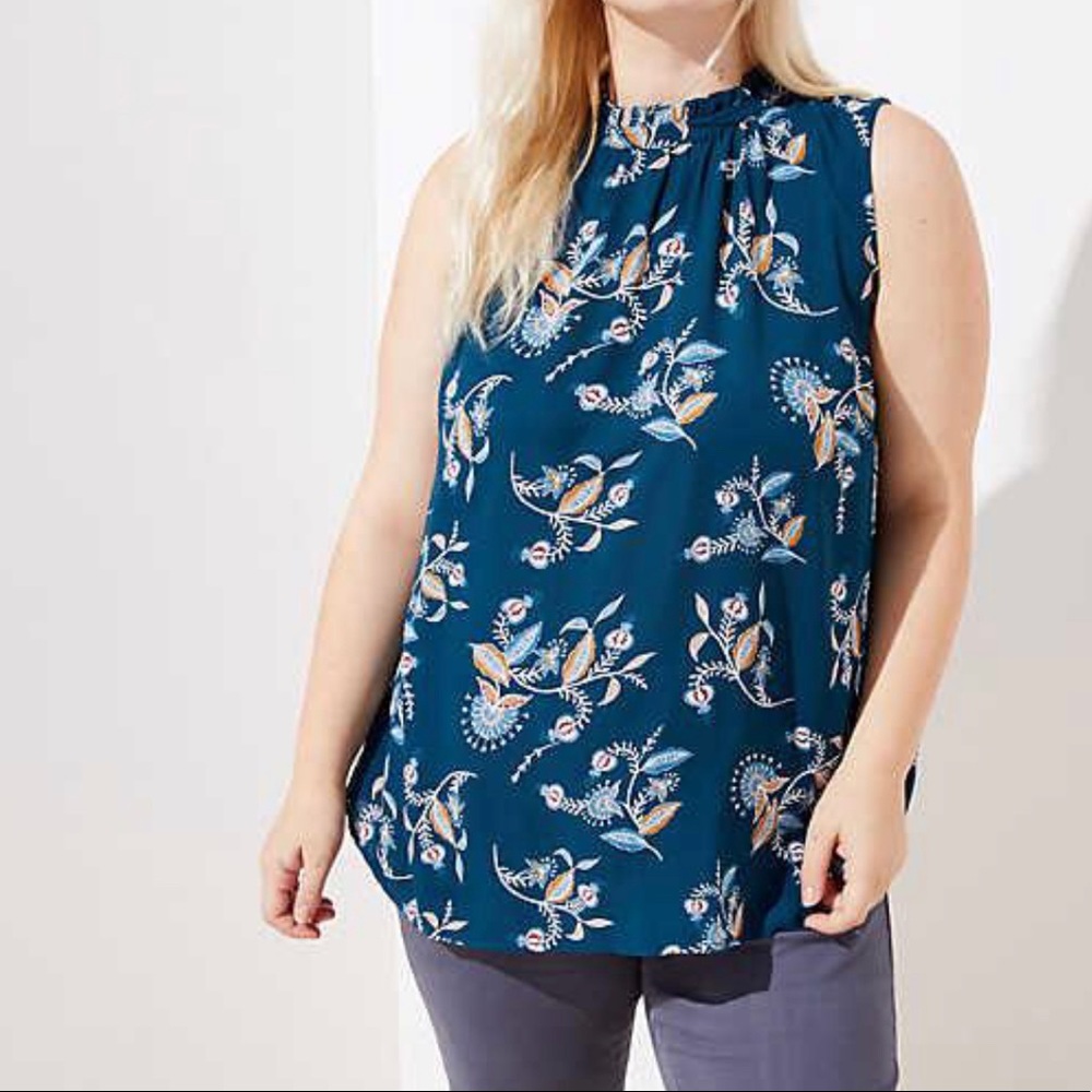 LOFT mixed media tie neck sleeveless floral blouse